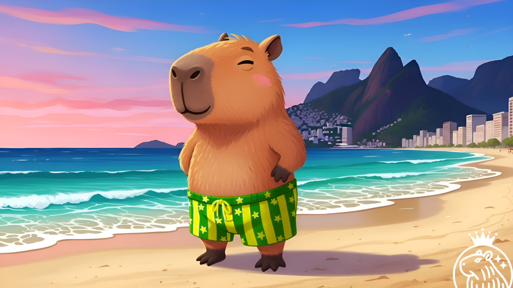 Ilustração digital em estilo cartoon de uma capivara sorridente em pé na areia de uma praia tropical. Ela usa uma sunga verde e amarela com estrelas brancas. Ao fundo, o mar azul-turquesa, a orla urbana e uma grande montanha escura lembram o Rio de Janeiro, sob um céu de pôr do sol em tons de rosa e azul.