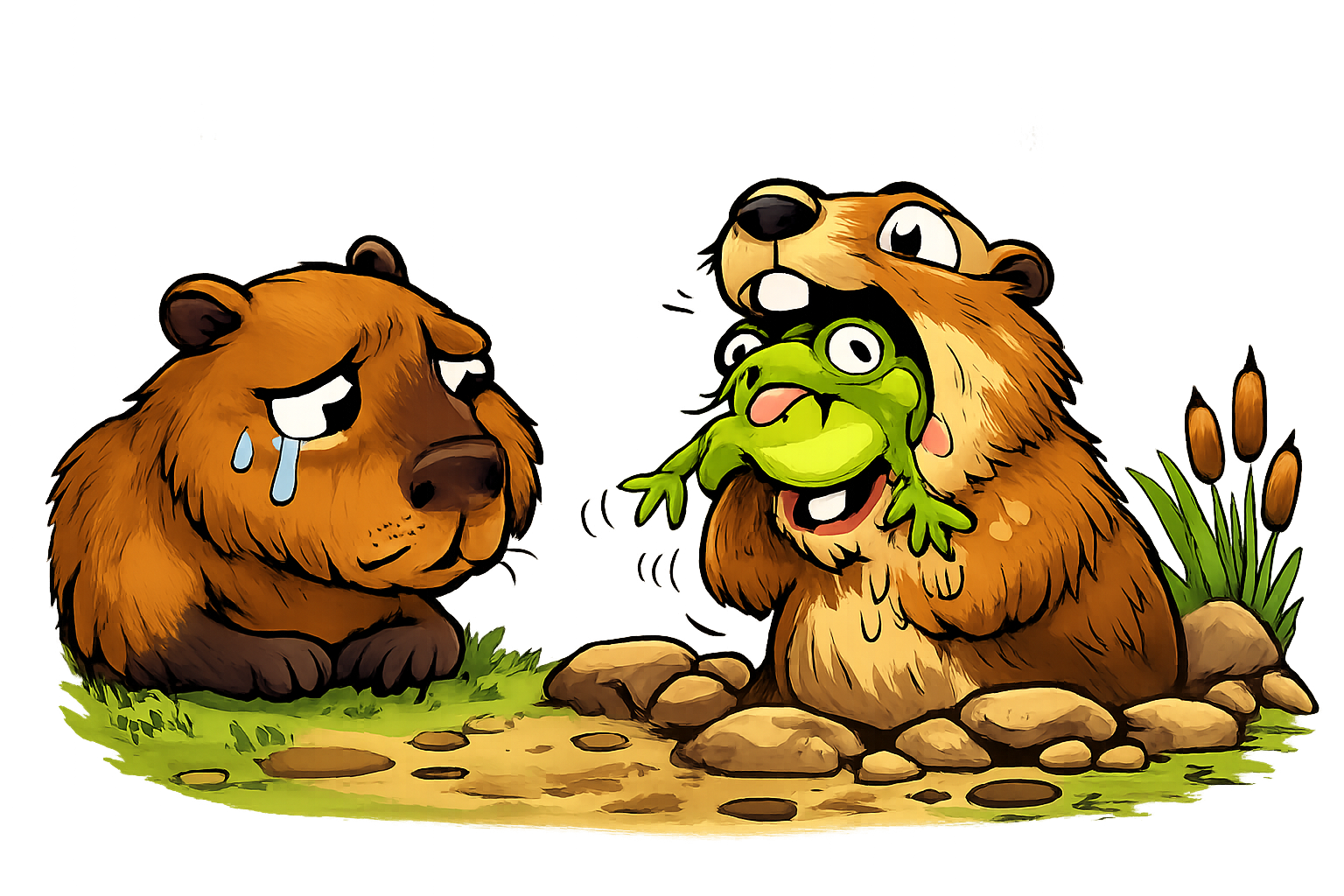 Ilustração em estilo cartoon mostrando uma capivara triste, com lágrimas nos olhos, observando uma marmota engolindo um sapo verde. A marmota aparece animada, com a boca aberta, enquanto o sapo está parcialmente para fora. Cena expressiva e caricata, sem texto, pensada para fundo transparente.