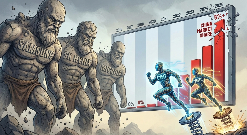 Uma ilustração mostrando grandes figuras esculpidas em pedra representando as empresas Samsung, SK Hynix e Micron, que estão posicionadas à esquerda, enquanto à direita, um gráfico mostra uma tendência de crescimento da participação de mercado da China, com barras em ascensão. Duas figuras azuis, representando empresas chinesas como CAM e RTC, estão correndo em direção ao gráfico com uma expressão de determinação, simbolizando a competição no setor. O gráfico apresenta dados de 2016 a 2025, destacando uma participação de mercado superior a 5% para a China.