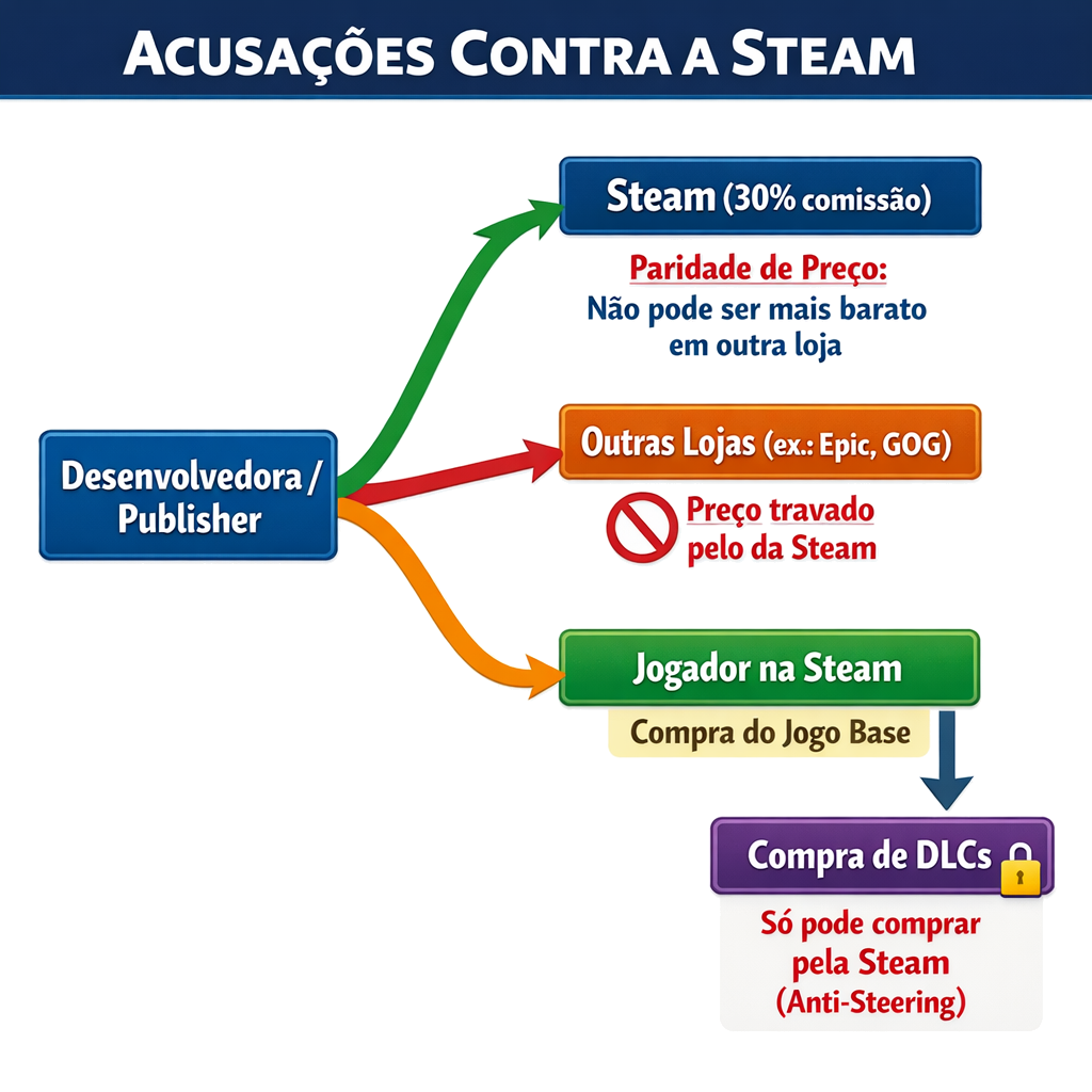 Fluxograma representando as acusações contra a Steam, detalhando o ciclo de comissões e práticas de venda. Mostra como a plataforma Steam retém 30% de comissão sobre jogos, o que impede desenvolvedores de oferecerem preços mais baixos em outras lojas. A estrutura também ilustra as compras de DLCs que somente podem ser feitas por meio da Steam, reforçando a dependência dos jogadores na plataforma.