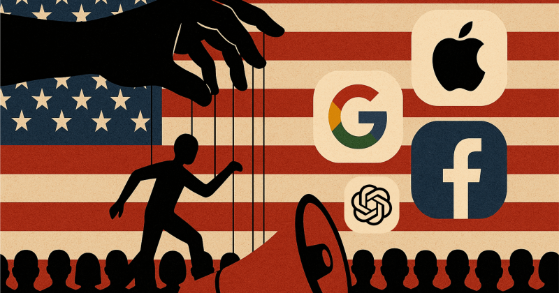 Silhueta de uma mão controlando um marionete sob uma bandeira dos Estados Unidos, com logotipos das empresas Apple, Google, Facebook e ChatGPT. A imagem simboliza o controle das grandes empresas sobre a sociedade.