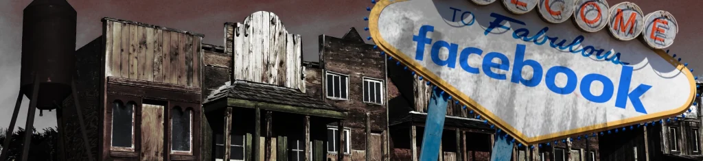 Uma placa de "Bem-vindo ao fabuloso Facebook" em um estilo vintage, situada em frente a edifícios em estado de abandono, com um céu escuro e ameaçador ao fundo.