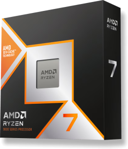 Caixa do processador AMD Ryzen 7 da série 9000, destacando a tecnologia AMD 3D V-Cache, com design em preto e laranja.