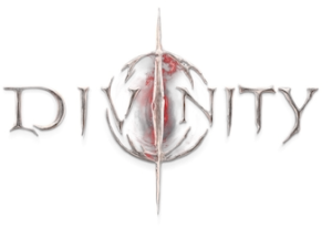 Logo do jogo Divinity, apresentando um design estilizado com o texto 'DIVINITY' em letras douradas, enquanto uma esfera vermelha central, cortada ao meio por uma linha vertical, fica ao fundo.