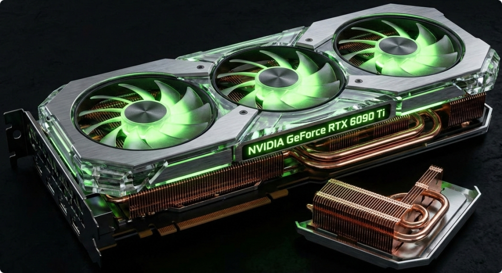 Placa de vídeo NVIDIA GeForce RTX 6090 Ti, destacando três ventoinhas com iluminação verde e um dissipador de calor de cobre, sobre um fundo preto.
