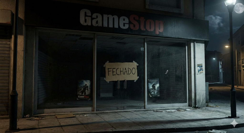 Fachada de uma loja GameStop com o letreiro "FECHADO" na porta. A imagem mostra um ambiente escuro e desolado, com lixo acumulado na calçada e cartazes de jogos na vitrine.