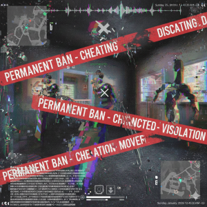 Imagem de jogo com fundo distorcido, mostrando uma cena de jogo. Várias mensagens de proibição permanente destacadas em vermelho, como "PERMANENT BAN - CHEATING" e "PERMANENT BAN - CHARGED - VIOLATION", aparecem sobreposto a figuras pixeladas de jogadores. 