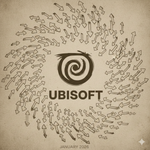 Logotipo da Ubisoft em destaque no centro, rodeado por uma espiral de setas apontando em várias direções. A imagem tem um fundo simples e um tom envelhecido, com a data "Janeiro de 2026" na parte inferior.