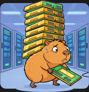 Capivara estressada carrega um módulo de memória enquanto se equilibra sob uma pilha alta de módulos de memória, em um ambiente de datacenter com servidores ao fundo. A capivara parece preocupada, com suor na testa, retratando uma situação cômica e animada