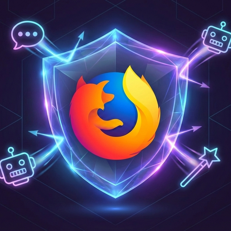 Logotipo do navegador Mozilla Firefox dentro de um escudo brilhante, cercado por ícones de mensagens, robôs e um bastão mágico. O fundo é escuro com efeitos luminosos em tons de azul e roxo