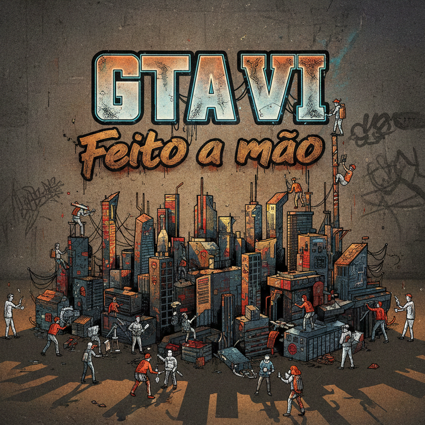 Imagem ilustrativa de GTA VI, com o título "Feito à Mão" em destaque. A arte mostra uma cidade vertical com diversos personagens estilizados realizando atividades variadas, como escalar prédios e explorar o ambiente, todos em um estilo de desenho animado. O fundo tem um tom sombrio e texturizado, complementando a estética urbana.