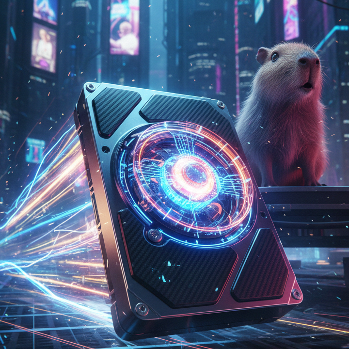 Capivara sentada ao lado de um disco rígido (HD) futurista com um padrão de luzes coloridas, no ambiente urbano e iluminado de uma cidade cibernética. O disco emite feixes de luz brilhante, enquanto edifícios altos e telões com imagens digitais estão ao fundo