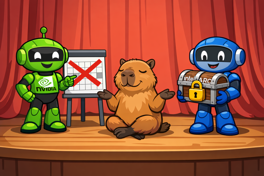 Palco com um fundo vermelho apresenta dois robôs, um verde e um azul, ao lado de uma capivara que está meditando. O robô verde, com o logotipo da NVIDIA, aponta para um calendário com um grande 'X'. O robô azul segura um baú trancado, simbolizando a Intel Arc. Todos parecem felizes e descontraídos