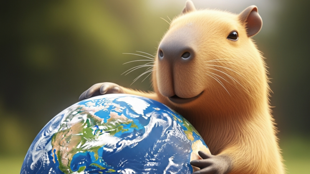 Um capivara sorridente abraça um globo terrestre, exibindo um fundo natural desfocado. A capivara tem um olhar amigável e parece contente em interagir com a representação do nosso planeta.