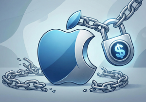 Logo da Apple em azul, amarrado por correntes e preso a um cadeado que possui o símbolo de dólar, simbolizando a relação entre tecnologia e finanças.