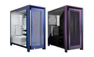 Imagem de um gabinete Corsair 4000D, exibindo duas opções de cores: um modelo em azul e outro em preto. Ambos apresentam design moderno com um painel frontal mesclando malha metálica e vidro temperado, permitindo a visualização interna dos componentes.