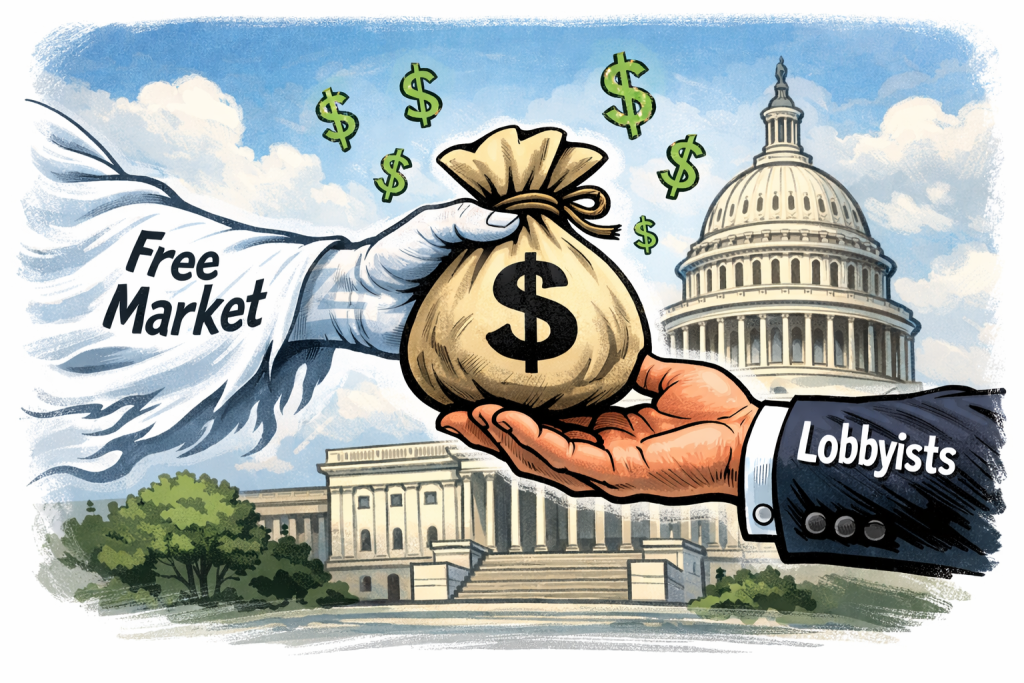 Ilustração que mostra duas mãos trocando um saco de dinheiro, simbolizando a relação entre o "Livre Mercado" e os "Lobbistas". Ao fundo, destaca-se o Capitolio dos Estados Unidos, com símbolos de dinheiro flutuando ao redor.