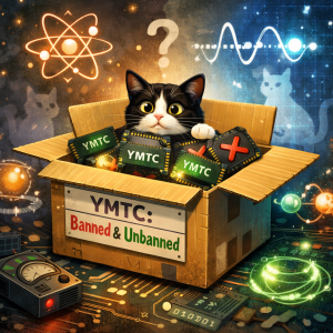 Uma caixa de papelão com a inscrição "YMTC: Banned & Unbanned" é aberta, revelando um gato preto e branco que observa com curiosidade. Ao fundo, há ícones relacionados à ciência, como átomos e gráficos, além de silhuetas de gatos e um símbolo de interrogação, criando um ambiente lúdico e intrigante, em alusão ao Gato de Schrödinger.
