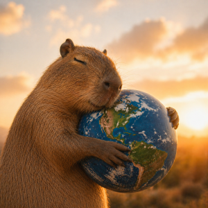 Capivara abraçando um globo terrestre com os olhos fechados, transmitindo calma e carinho, iluminada por luz dourada de pôr do sol em um cenário natural desfocado ao fundo.
