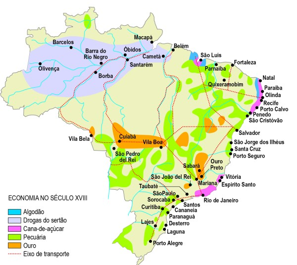 Mapa do Brasil no século XVIII, destacando as principais atividades econômicas da época, como algodão, drogas do sertão, cana-de-açúcar, ouro e suas rotas de transporte. As regiões estão identificadas por cores distintas e incluem cidades como São Luís, Salvador, e o eixo de transporte entre elas.