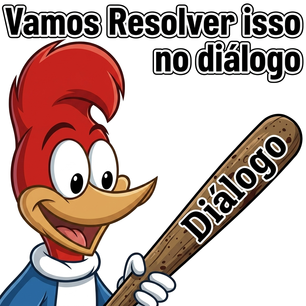 Imagem de um personagem de desenho animado, um pica-pau, sorridente e segurando um bastão com a palavra "Diálogo" escrita. Ao fundo, há a frase: "Vamos Resolver isso no diálogo".