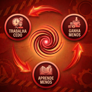 Diagrama circular mostrando um ciclo vicioso com fundo em tons vermelhos e laranjas. Três círculos conectados por setas vermelhas exibem: "Trabalha Cedo" (ícone de relógio), "Ganha Menos" (ícone de dinheiro) e "Aprende Menos" (ícone de livro), formando uma sequência que se repete continuamente ao redor de um espiral central, ilustrando a relação entre trabalho precoce, ganhos reduzidos e falta de aprendizagem.