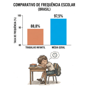 Gráfico comparativo de frequência escolar no Brasil mostrando 88,8% para trabalho infantil e 97,5% para média geral, acompanhado de ilustração de criança cansada dormindo sobre a carteira escolar com um despertador em seu pensamento