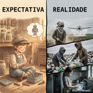 Imagem de meme comparativo dividida em dois lados. À esquerda, sob o título 'EXPECTATIVA', ilustração de um menino em uma oficina com ferramentas e uma nuvem de pensamento mostrando um robô, representando sonhos de inovação. À direita, sob o título 'REALIDADE', três fotografias mostrando crianças em situações de trabalho precário: uma em frente a um avião militar, outras trabalhando em acúmulo de lixo e uma lavando pratos em cozinha inadequada. A imagem contrasta os sonhos infantis com a realidade de crianças em situação de pobreza e trabalho infantil.
