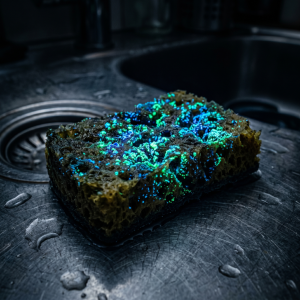 Esponja de cozinha sobre uma pia, coberta de pontos brilhantes azuis e verdes fluorescentes, indicando biocontaminação por fungos e bactérias